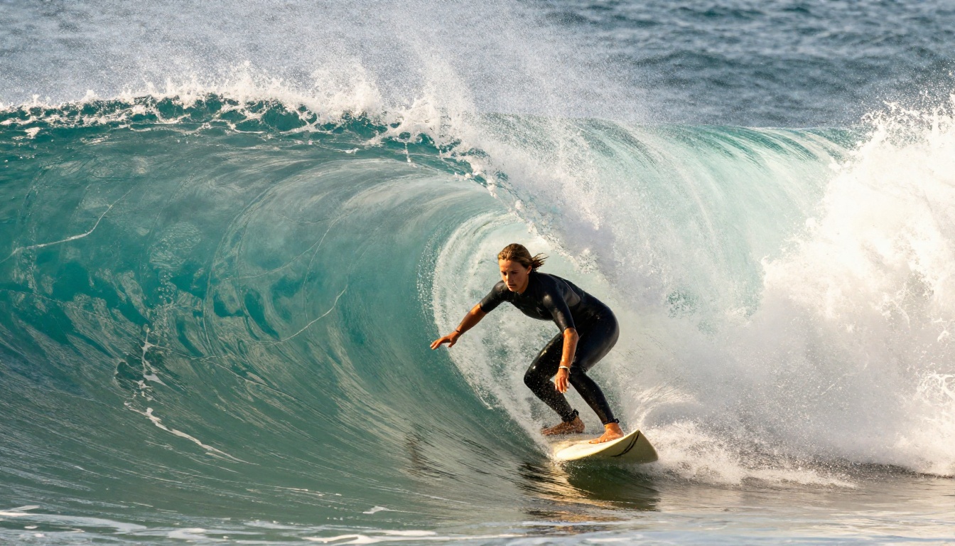 Action sports: female surfer in black wetsuit mid-carve on a powerful overhead wave with frozen spray backlit by Pacific golden light Action sports: female surfer in black wetsuit mid-carve on a powerful overhead wave with frozen spray backlit by Pacific golden light