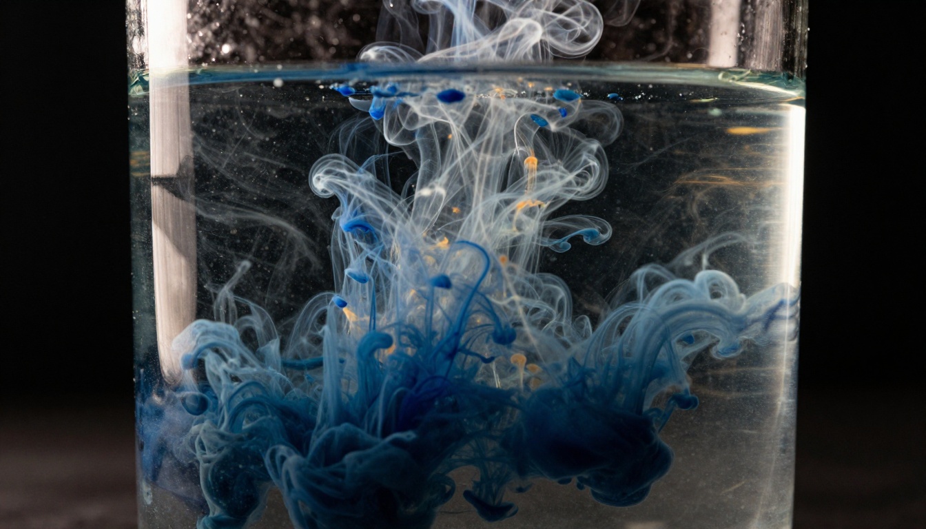 Abstract blue and amber ink dispersing through water in a glass tank, macro shot with black background