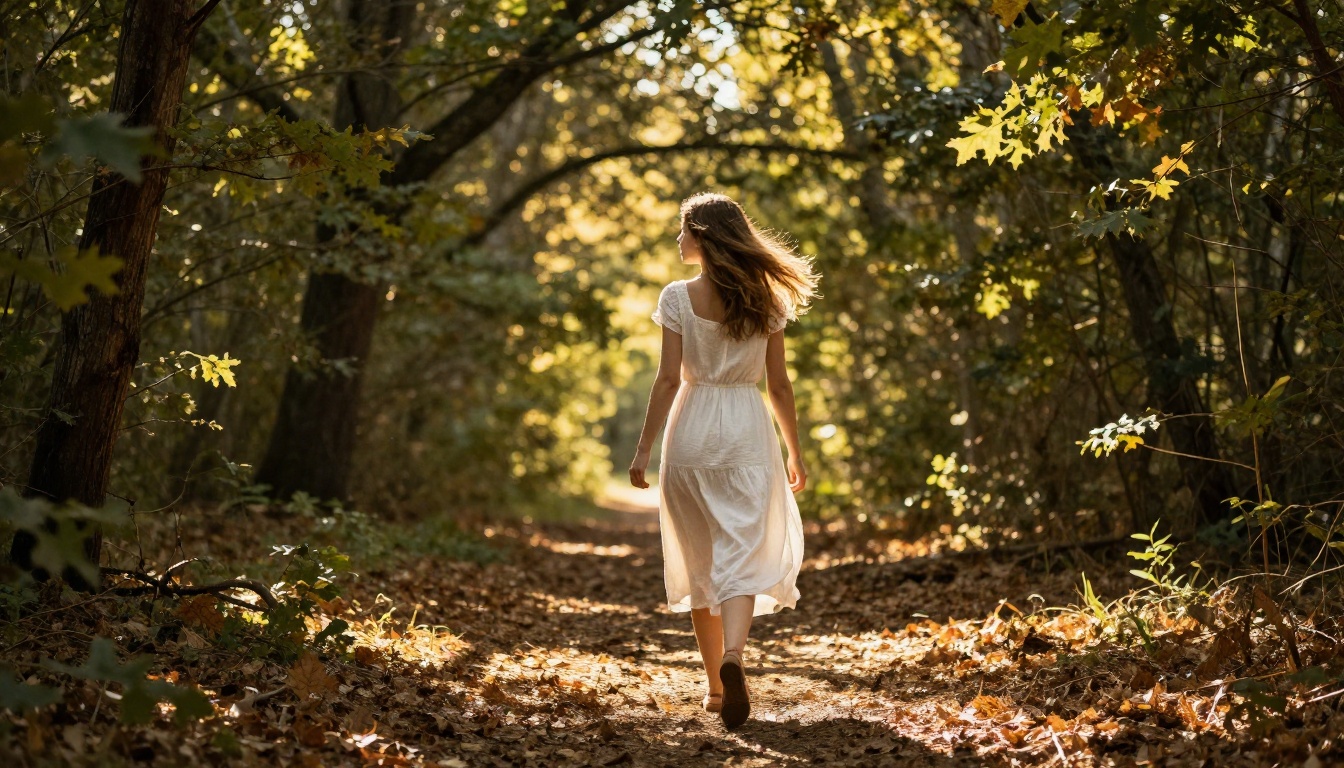 Woman walking through forest with natural dappled light and mid-movement dynamic pose