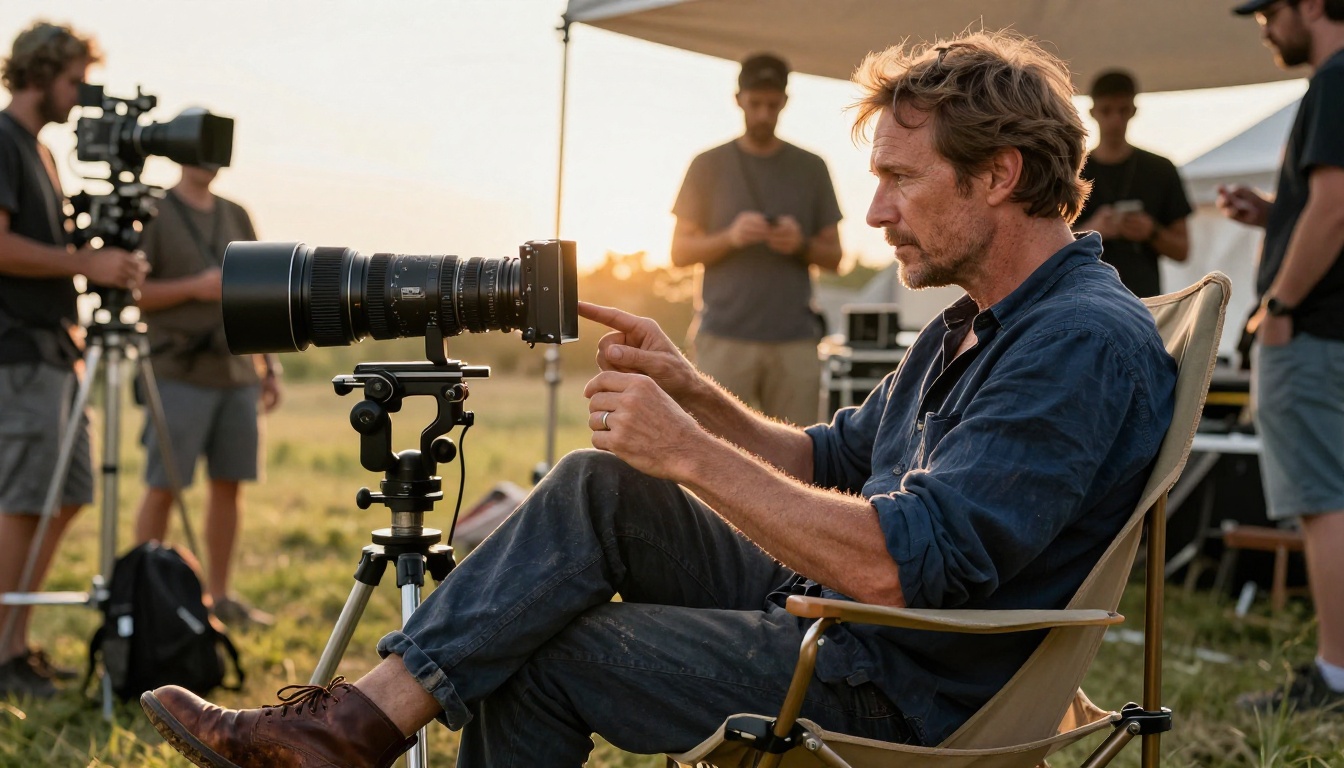 Film director reviewing footage on a professional field monitor on a golden hour outdoor film set