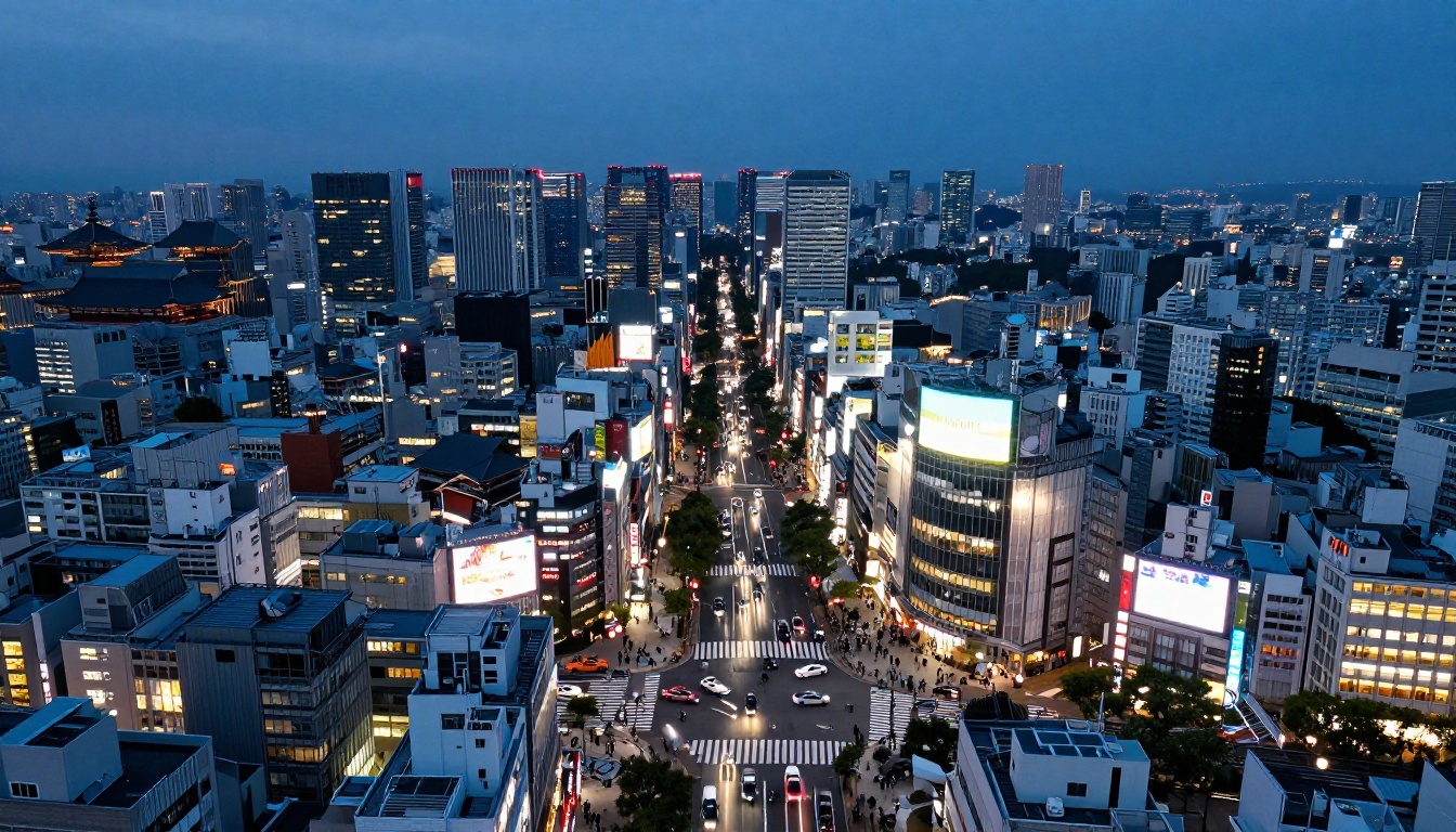 Aerial view of busy city intersection at twilight with vehicle light trails and pedestrian movement