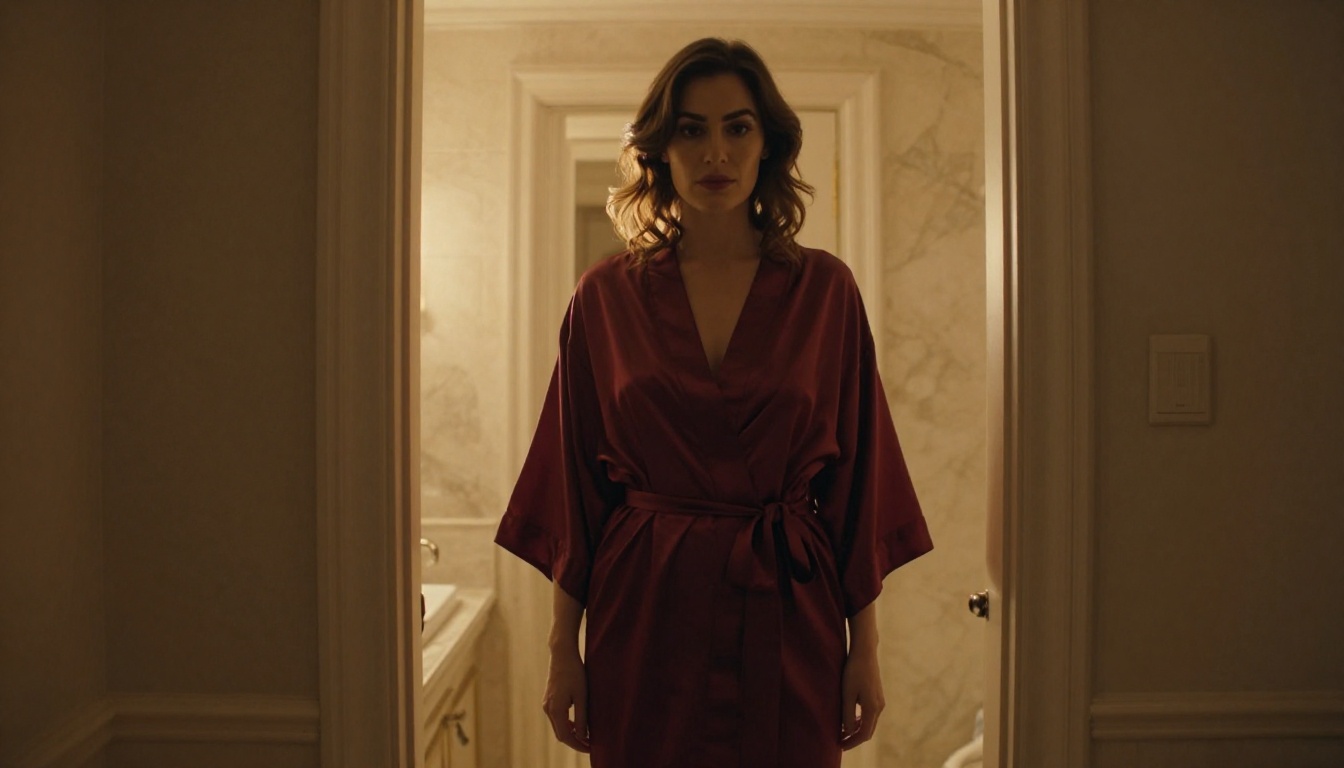 Woman in luxury hotel bathroom doorway with warm amber backlight through silk robe, cinematic low angle