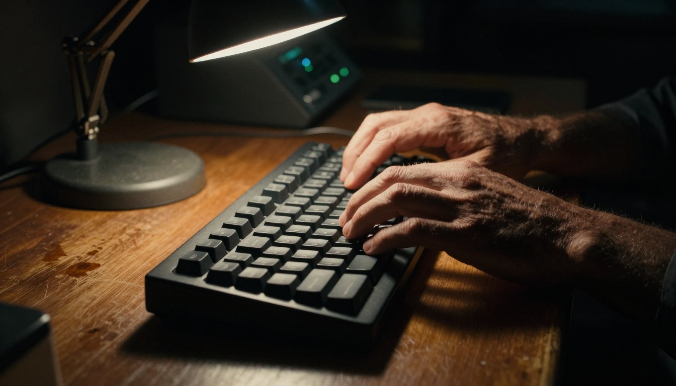 Close-up of weathered hands typing on a mechanical keyboard under hard amber desk lamp light in a dark office