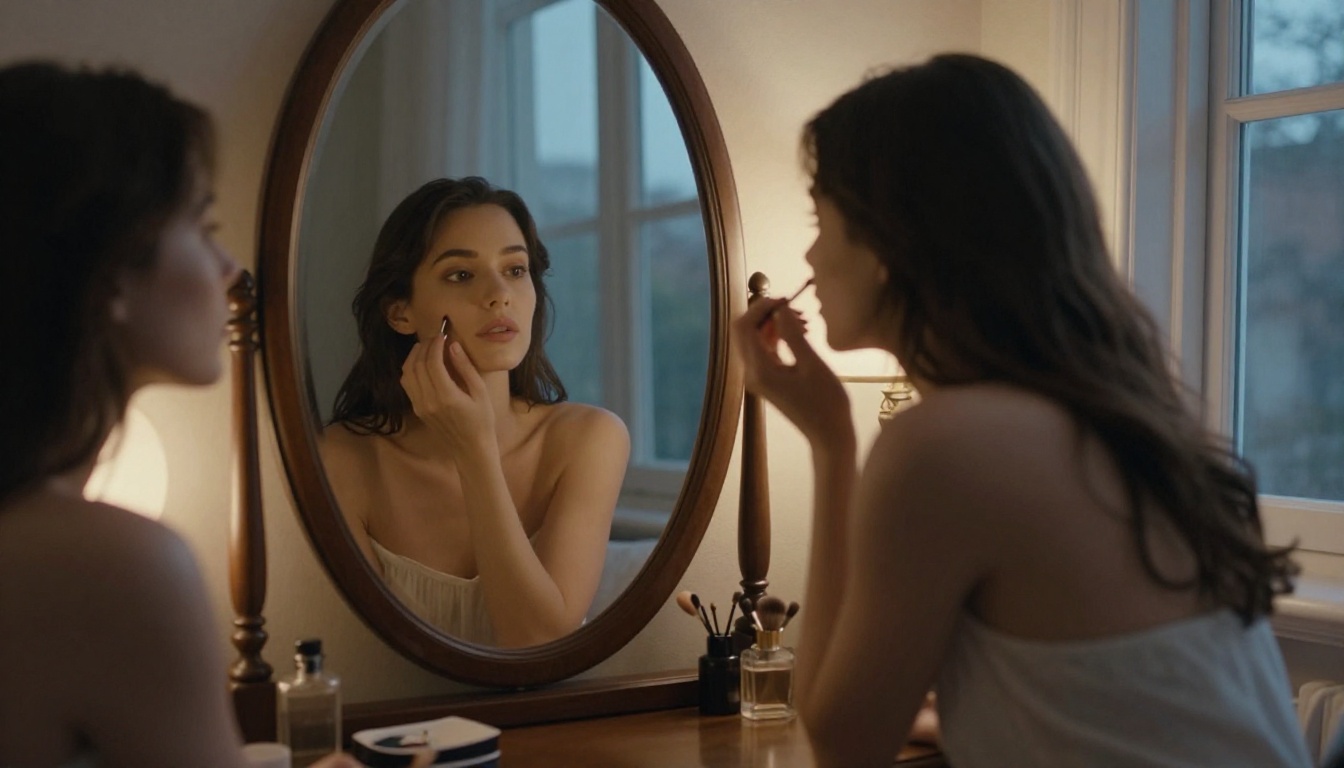 Intimate vanity mirror scene at dusk with warm lamp light, cinematic and photorealistic