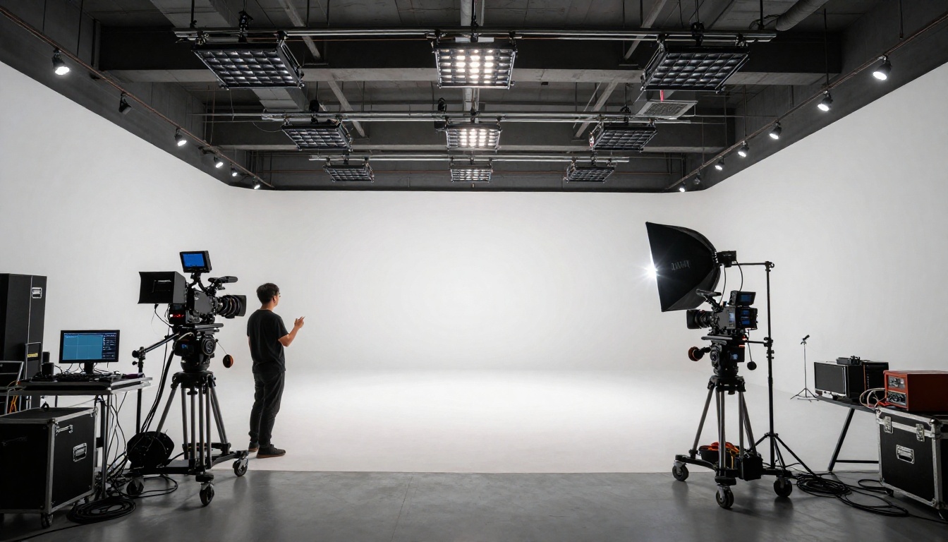 Wide angle interior shot of a professional video production studio with multiple camera setups and overhead lighting grid