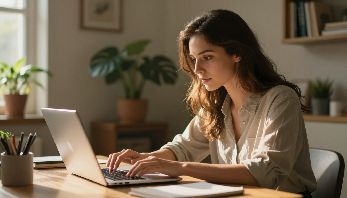 Woman browsing AI art on laptop in cozy home studio