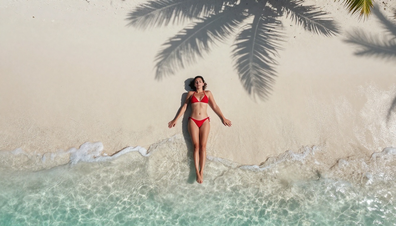 Aerial drone beach photography in red bikini