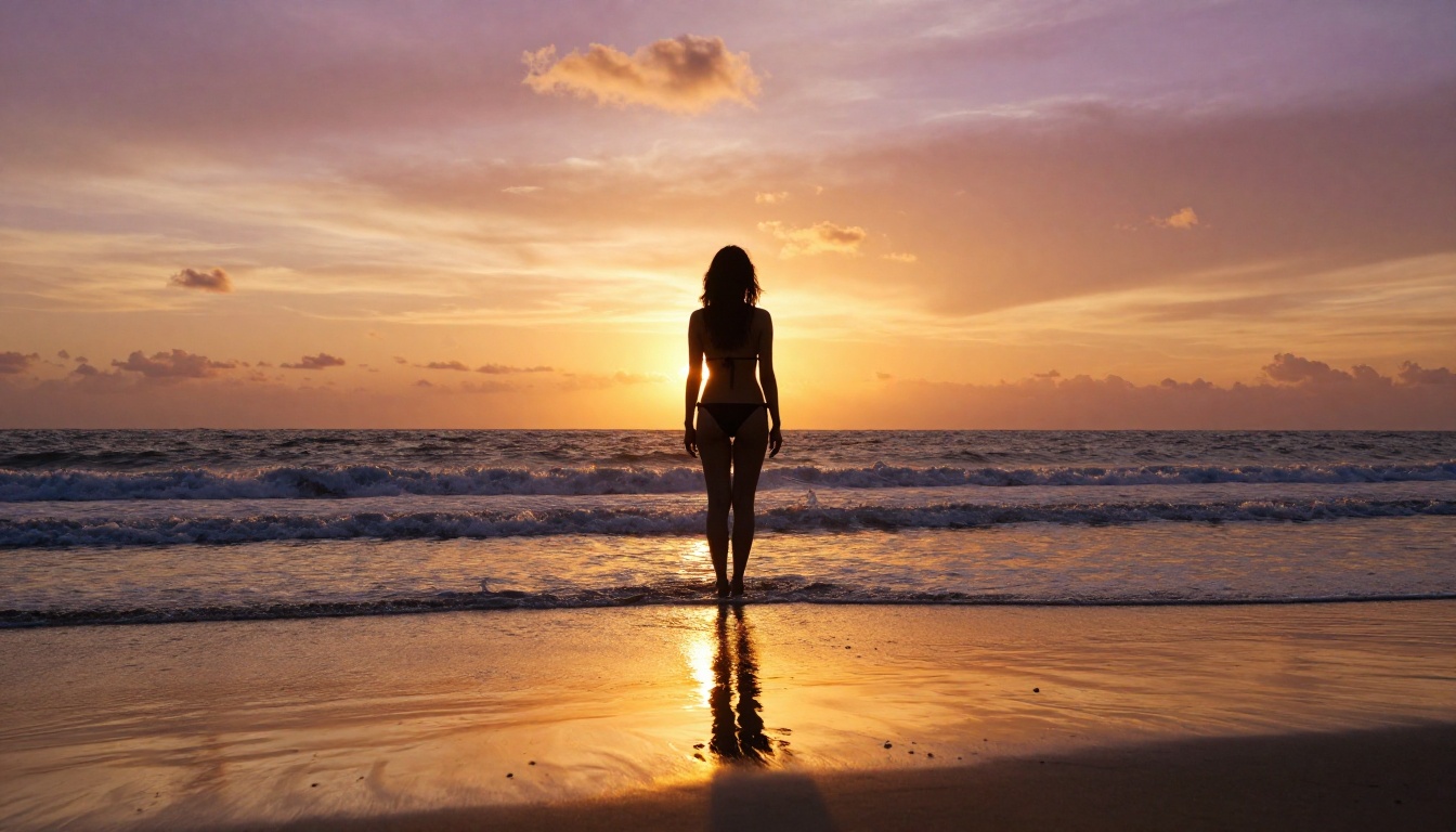 Bikini silhouette ocean sunset golden light