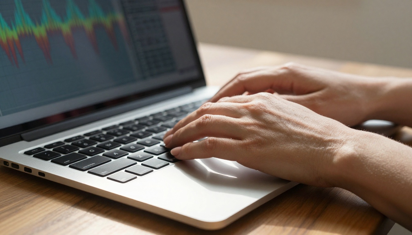 Close-up of hands typing on a laptop with colorful video waveforms visible on the screen in soft natural light Close-up of hands typing on a laptop with colorful video waveforms visible on the screen in soft natural light