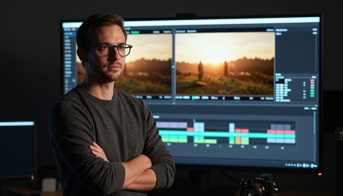 Male filmmaker with dark hair and glasses reviewing cinematic footage on a large professional post-production monitor Male filmmaker with dark hair and glasses reviewing cinematic footage on a large professional post-production monitor