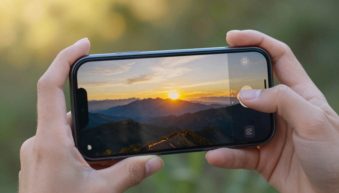 Woman's hand holding a smartphone showing crisp video playback of a golden mountain sunset in natural outdoor light Woman's hand holding a smartphone showing crisp video playback of a golden mountain sunset in natural outdoor light