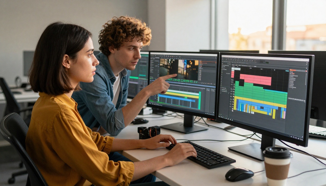 Two creative professionals collaborating at a wide dual-monitor video editing workstation in a bright modern office Two creative professionals collaborating at a wide dual-monitor video editing workstation in a bright modern office