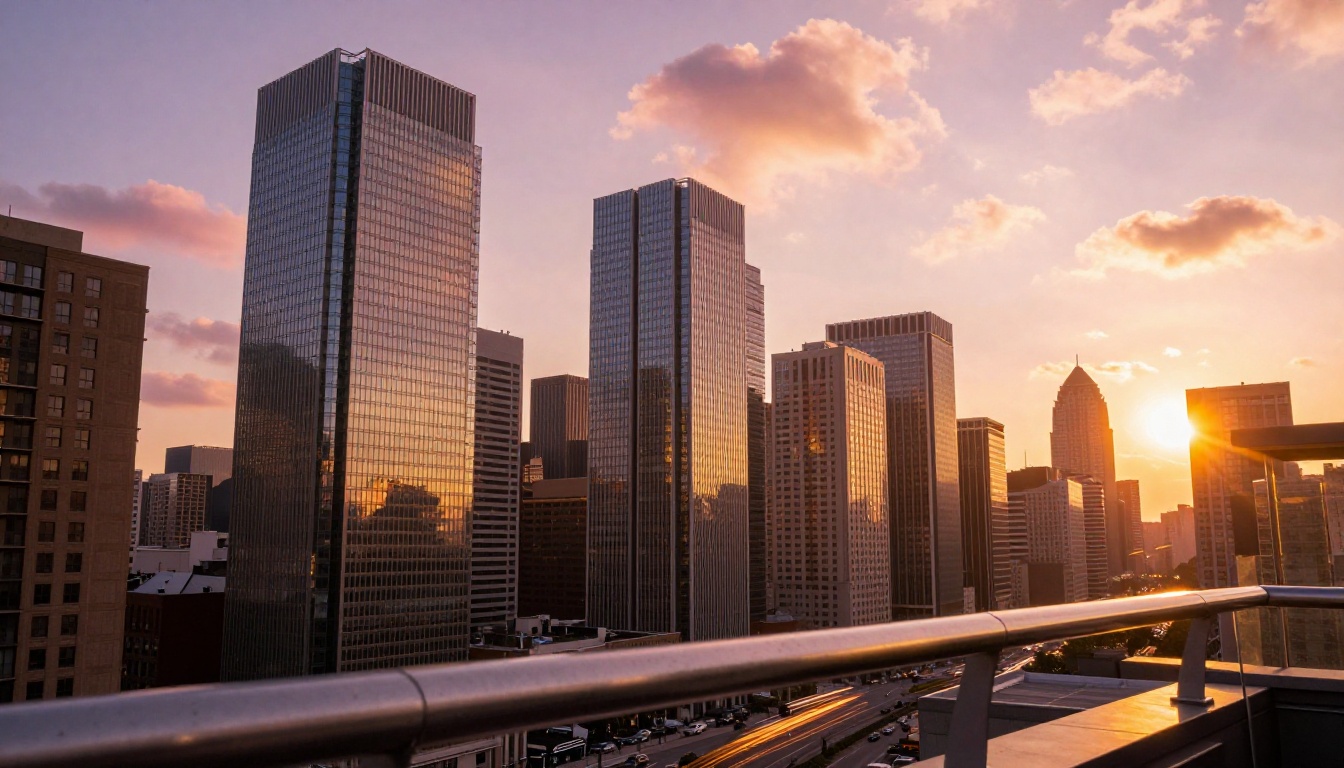 Dramatic photorealistic golden hour city skyline viewed from a rooftop terrace with warm amber light on skyscrapers Dramatic photorealistic golden hour city skyline viewed from a rooftop terrace with warm amber light on skyscrapers