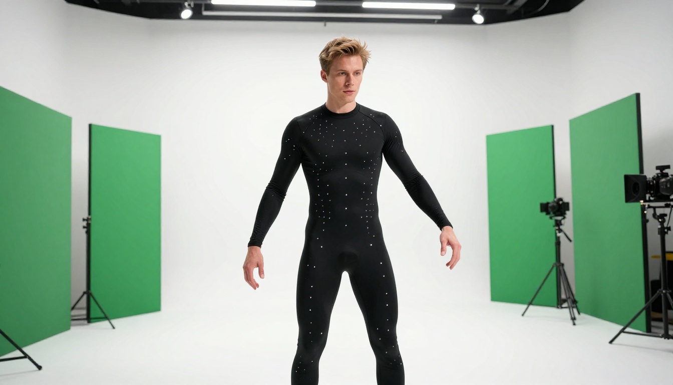 Male actor wearing a black motion-capture suit with white reflective tracking markers in a professional white studio