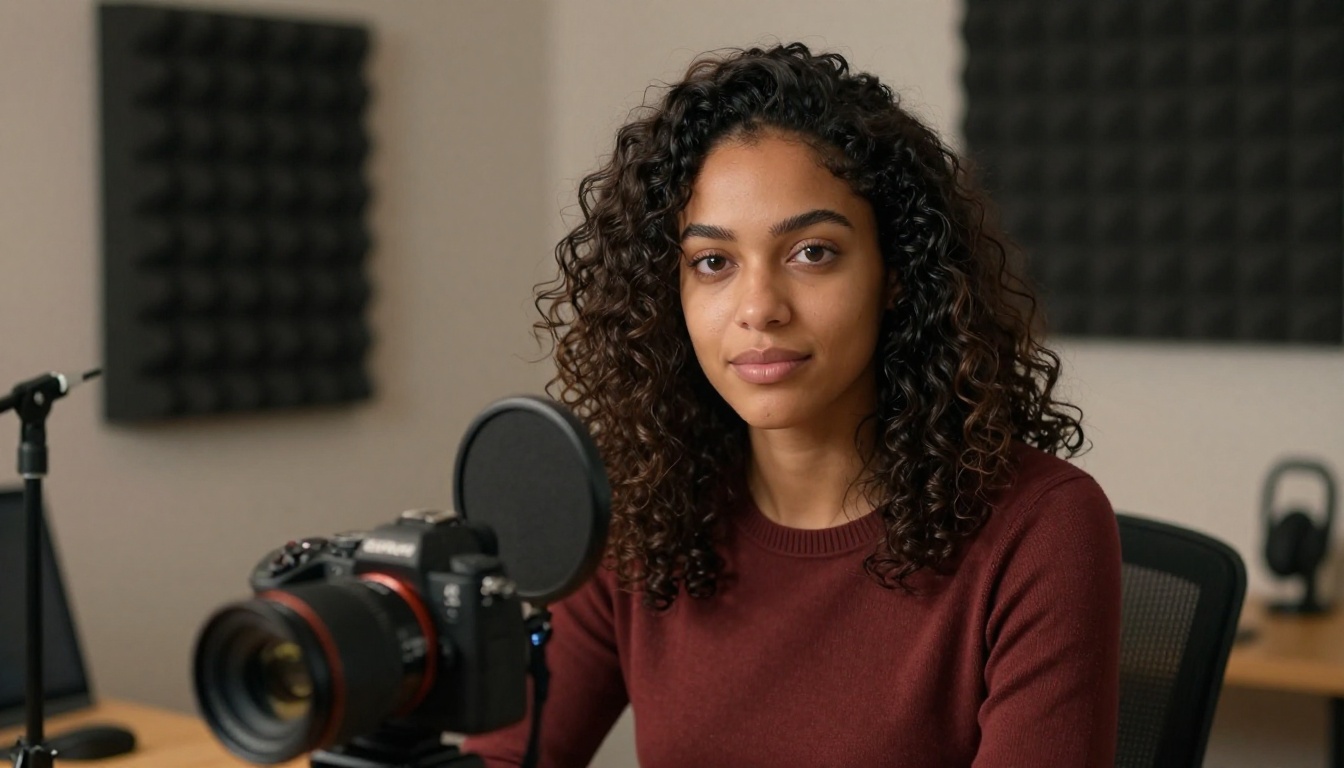Confident young woman with curly dark hair recording a talking-head video in a minimalist home studio with warm ring light