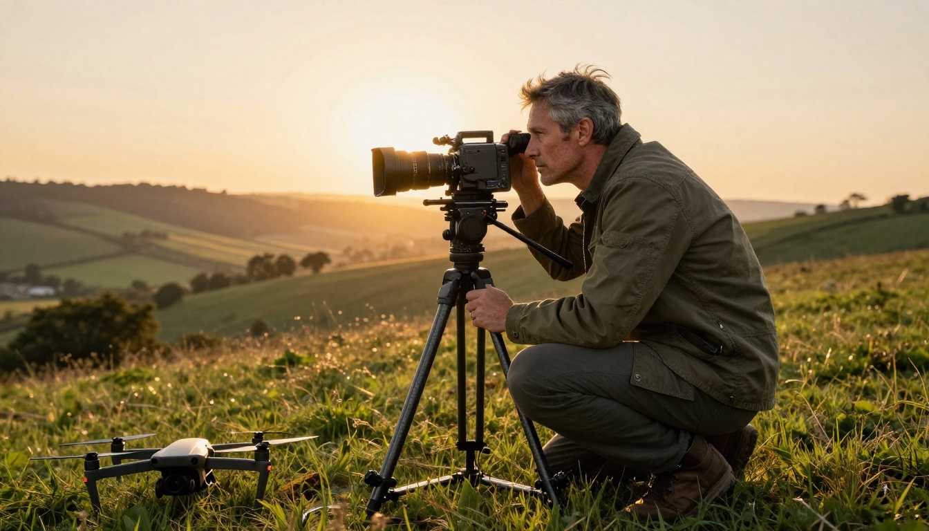 Professional male videographer crouching on a green hillside at golden hour with a cinema camera on a carbon fiber tripod