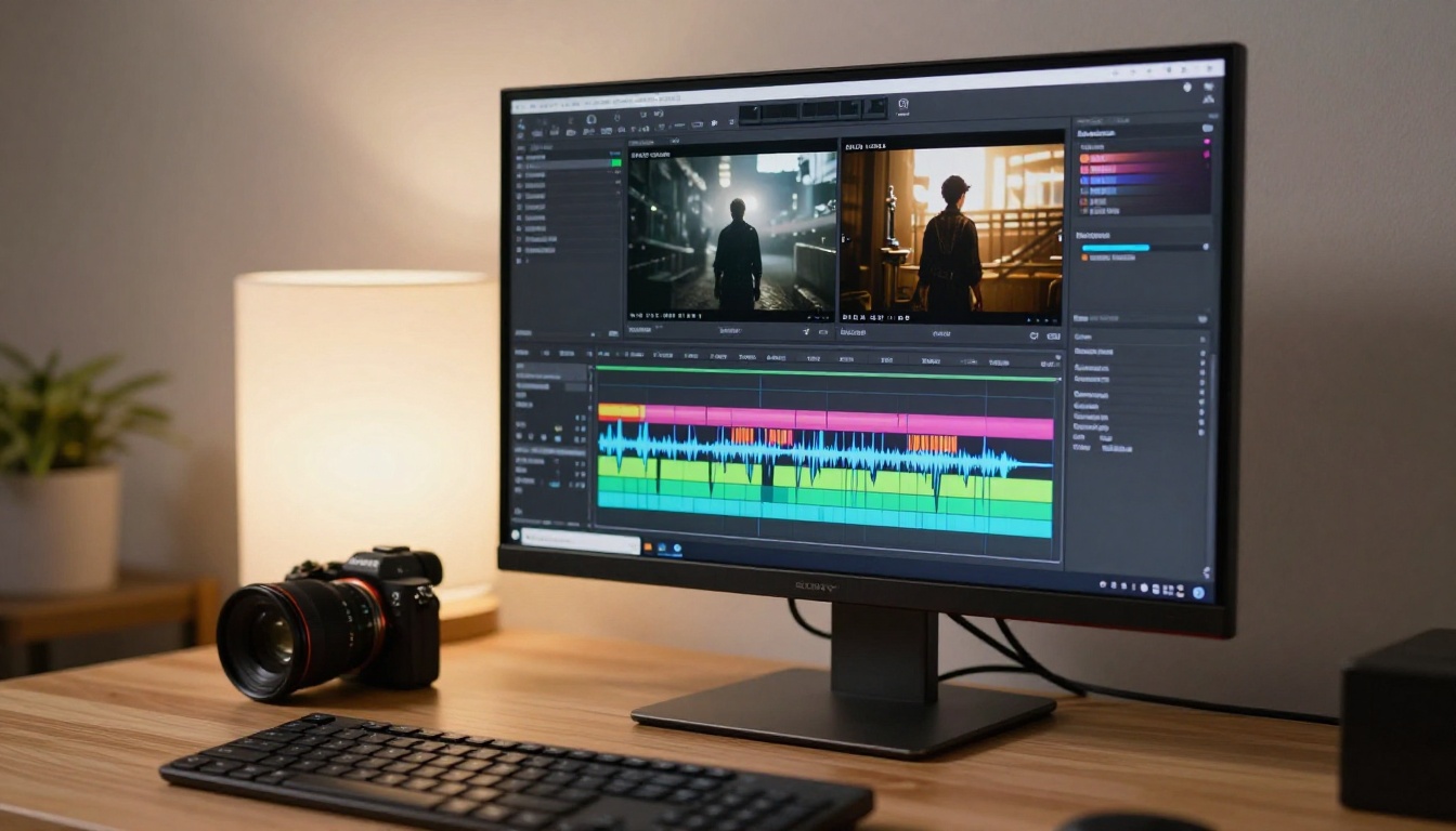 Close-up of a professional studio monitor showing a colorful multi-track video editing timeline in a softly lit post-production suite