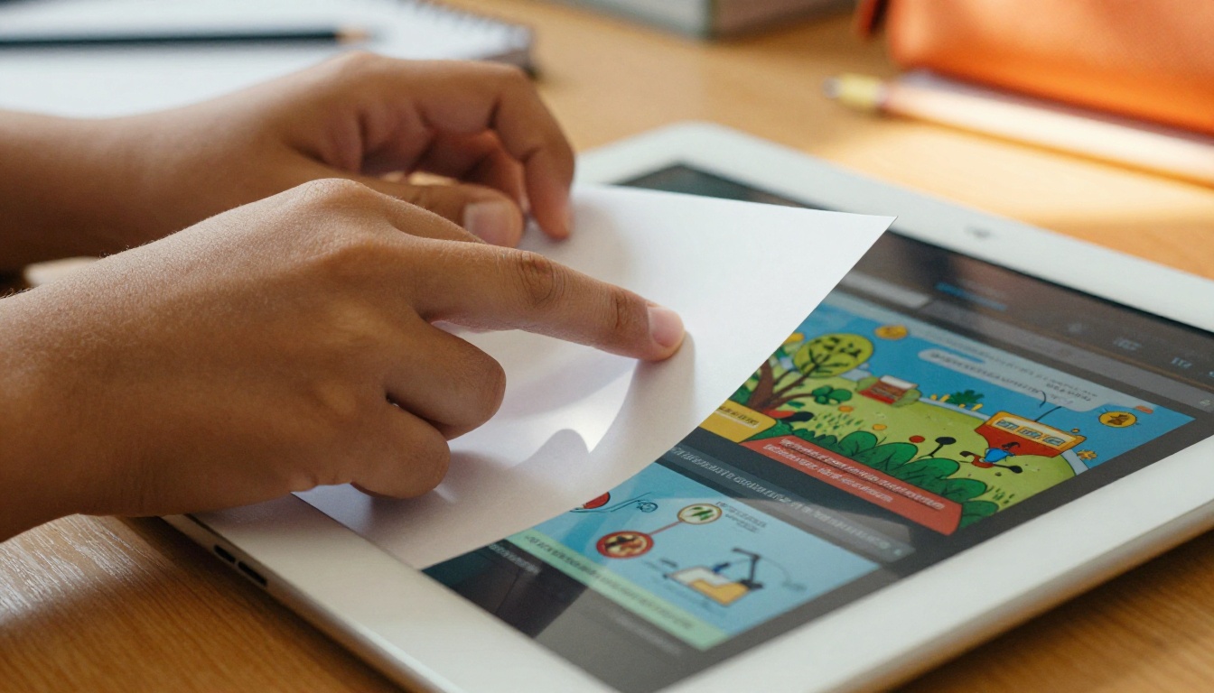 Close-up of student hands flipping a digital flipbook page on a tablet Close-up of student hands flipping a digital flipbook page on a tablet