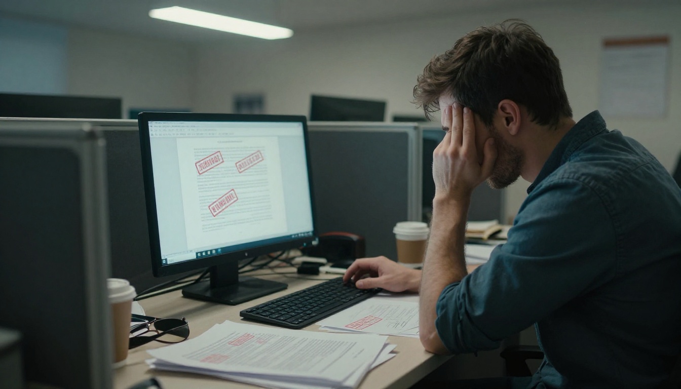 A frustrated person staring at a laptop screen filled with watermarks on a document