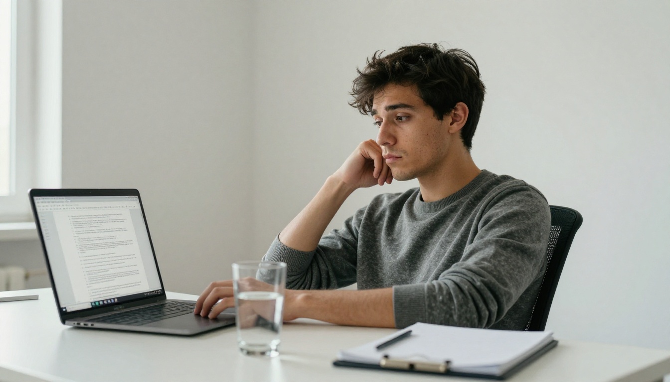 A professional looking bored at a static PDF on a laptop screen