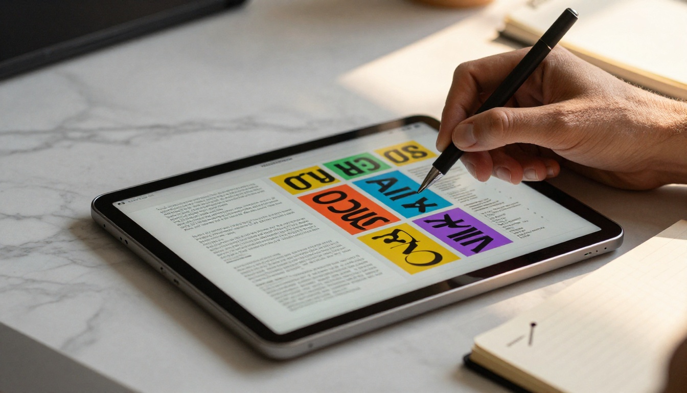Designer reviewing a colorful presentation on a tablet with morning light