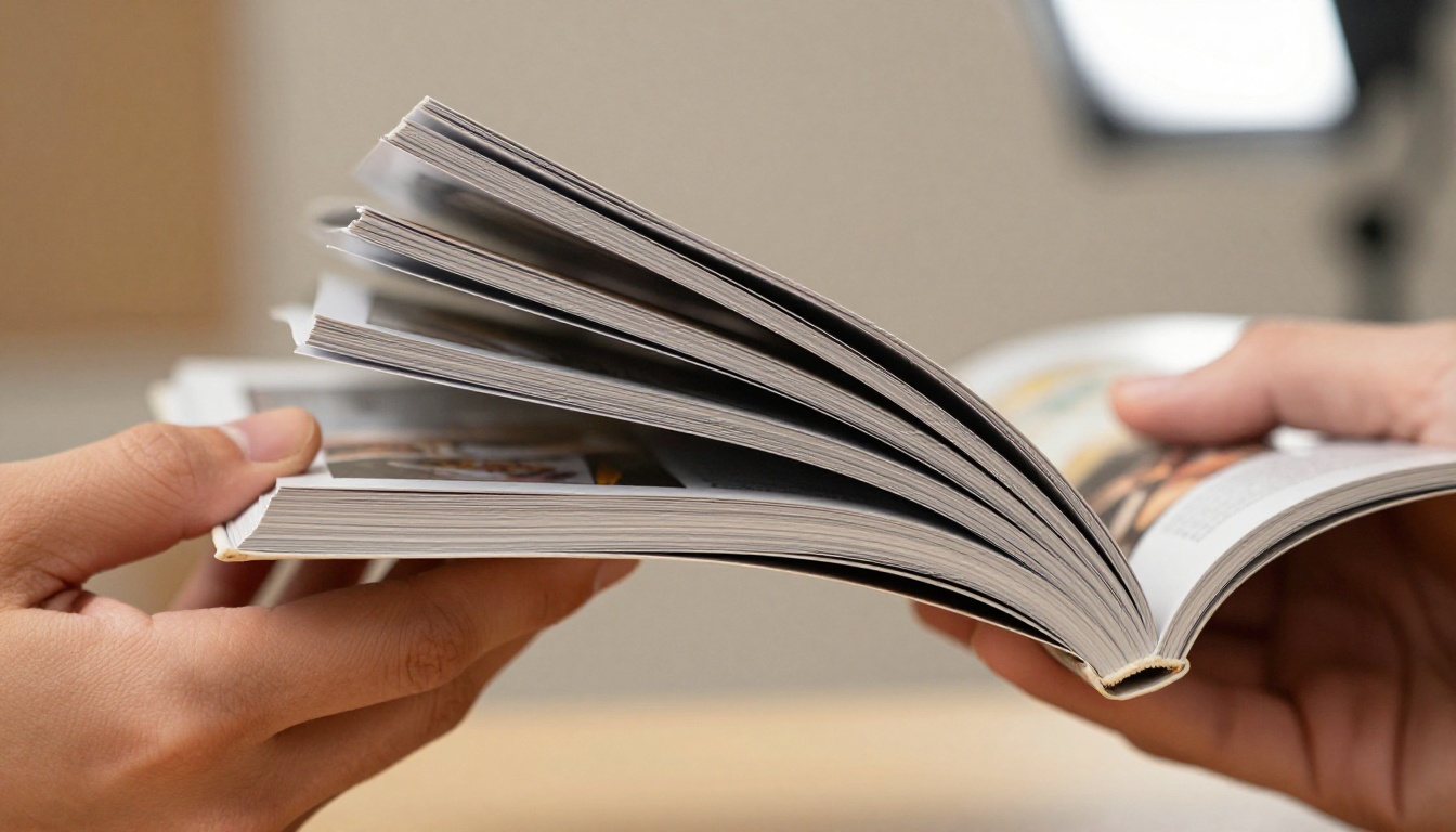 Close-up of hands holding a glossy magazine with pages caught mid-turn in perfect arc