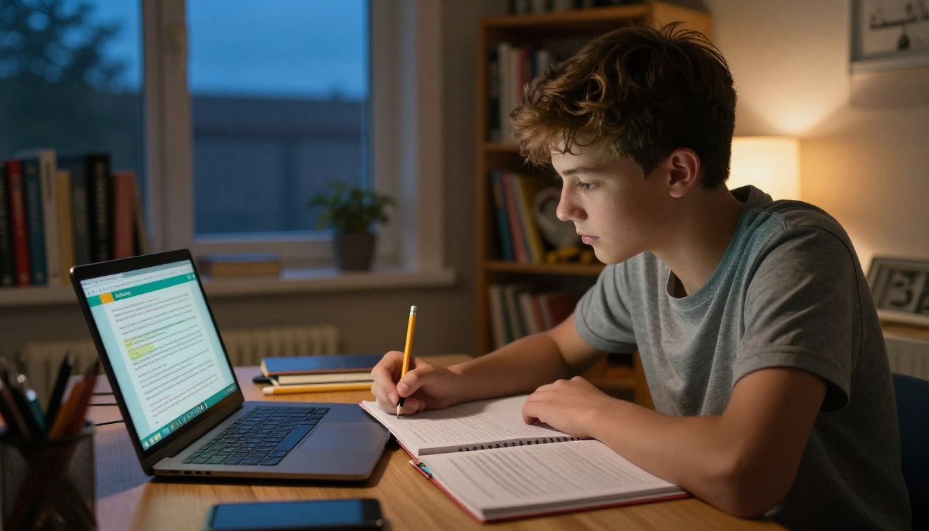 High school student studying a digital flipbook at home on a laptop High school student studying a digital flipbook at home on a laptop