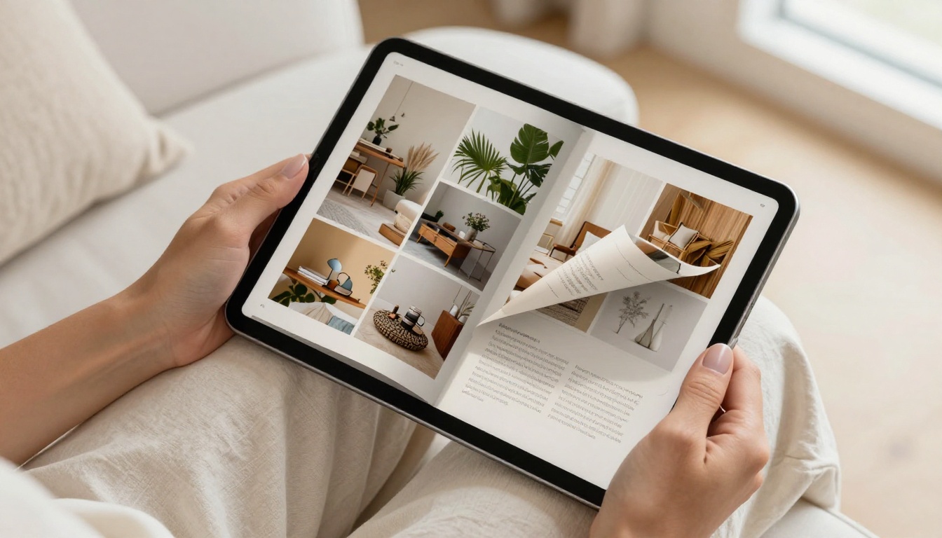 Elegant hands holding a tablet showing a flipbook mid-page-turn animation