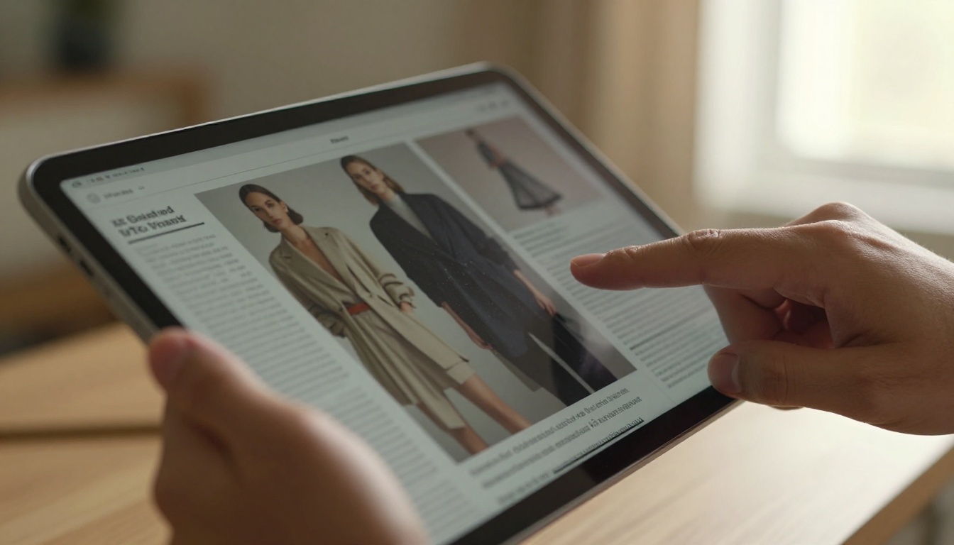 Hands holding a tablet displaying a digital magazine spread with fashion photography Hands holding a tablet displaying a digital magazine spread with fashion photography