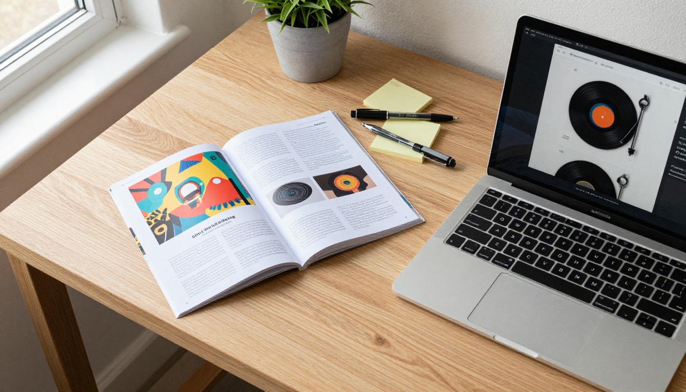 Overhead flat lay workspace with printed brochure beside laptop showing flipbook animation