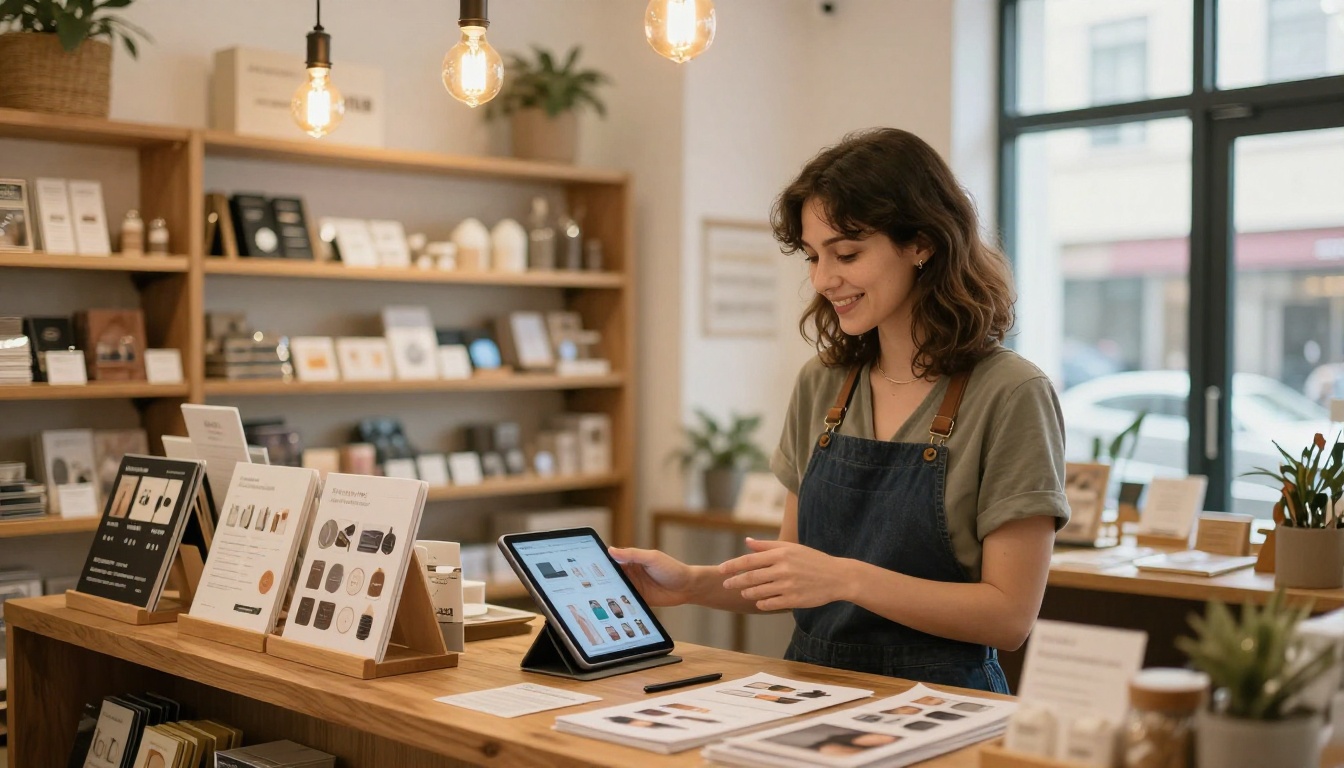 A small business owner showing a digital product catalog on a tablet to a customer across a retail counter