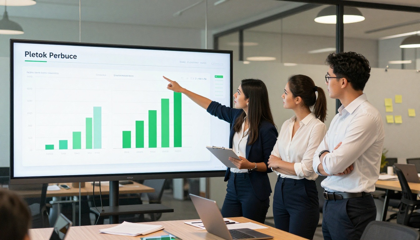 Marketing team analyzing flipbook performance data on a monitor