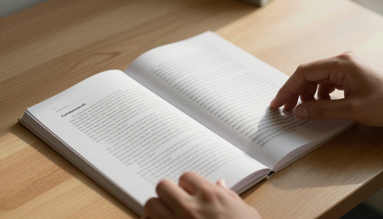 Hands scrolling through a printed PDF document on a light oak table