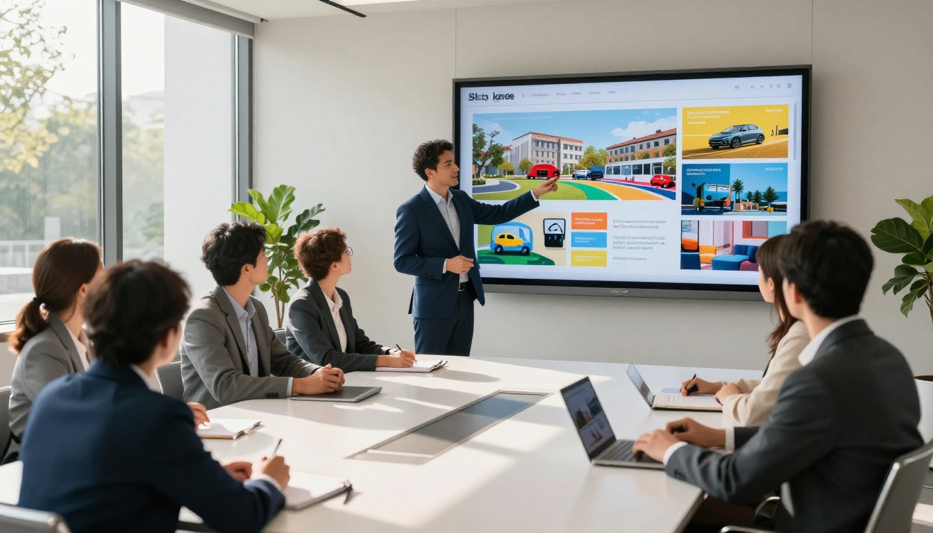 Business professional presenting an interactive flipbook to a team in a modern conference room