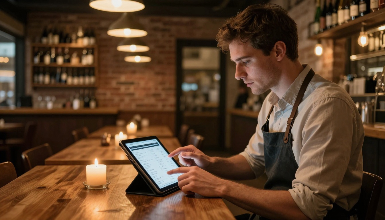 A restaurant owner reviewing a digital menu on an iPad in a cozy candlelit bistro