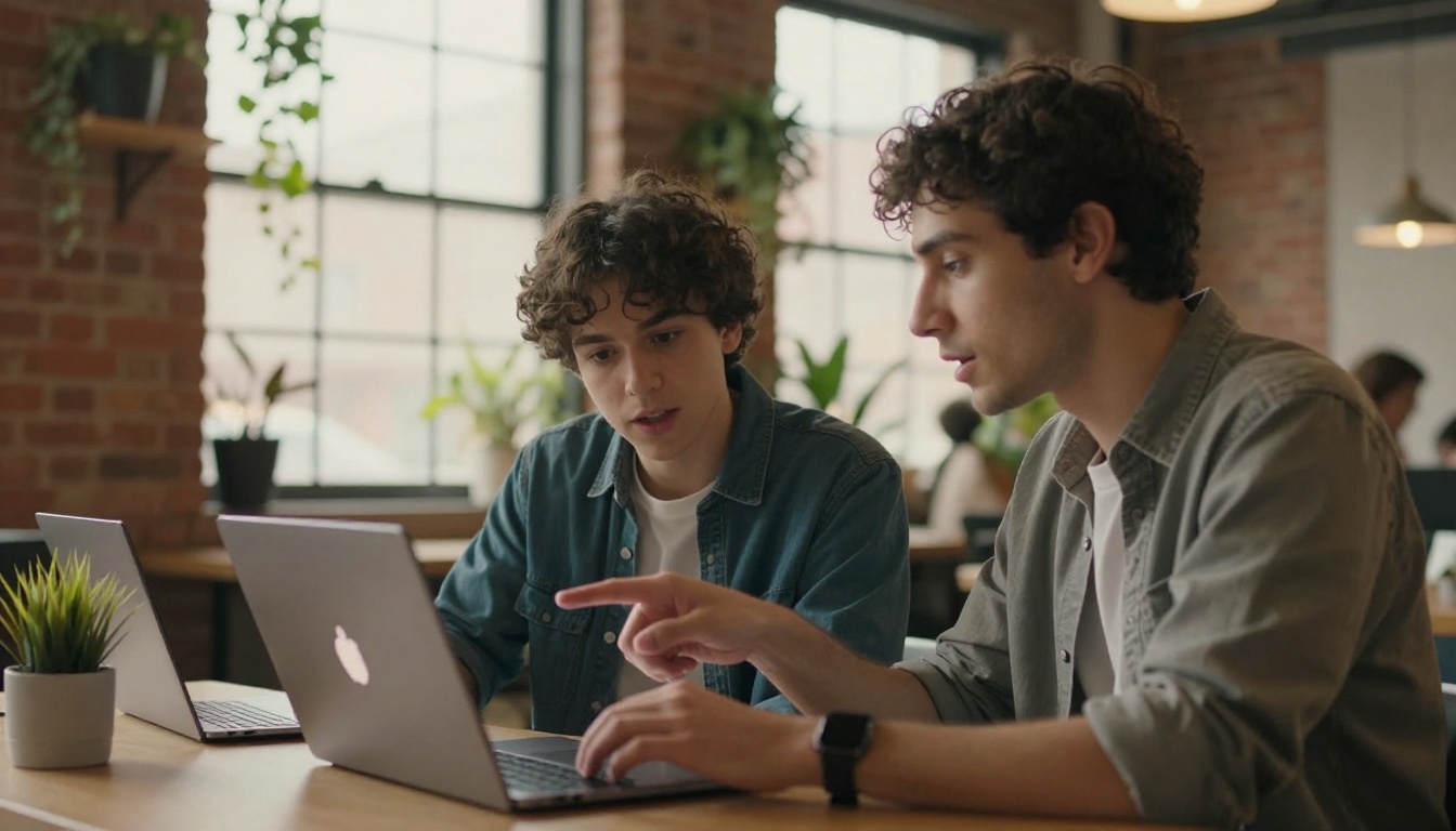 Two designers at a coworking space reviewing an animated flipbook presentation together