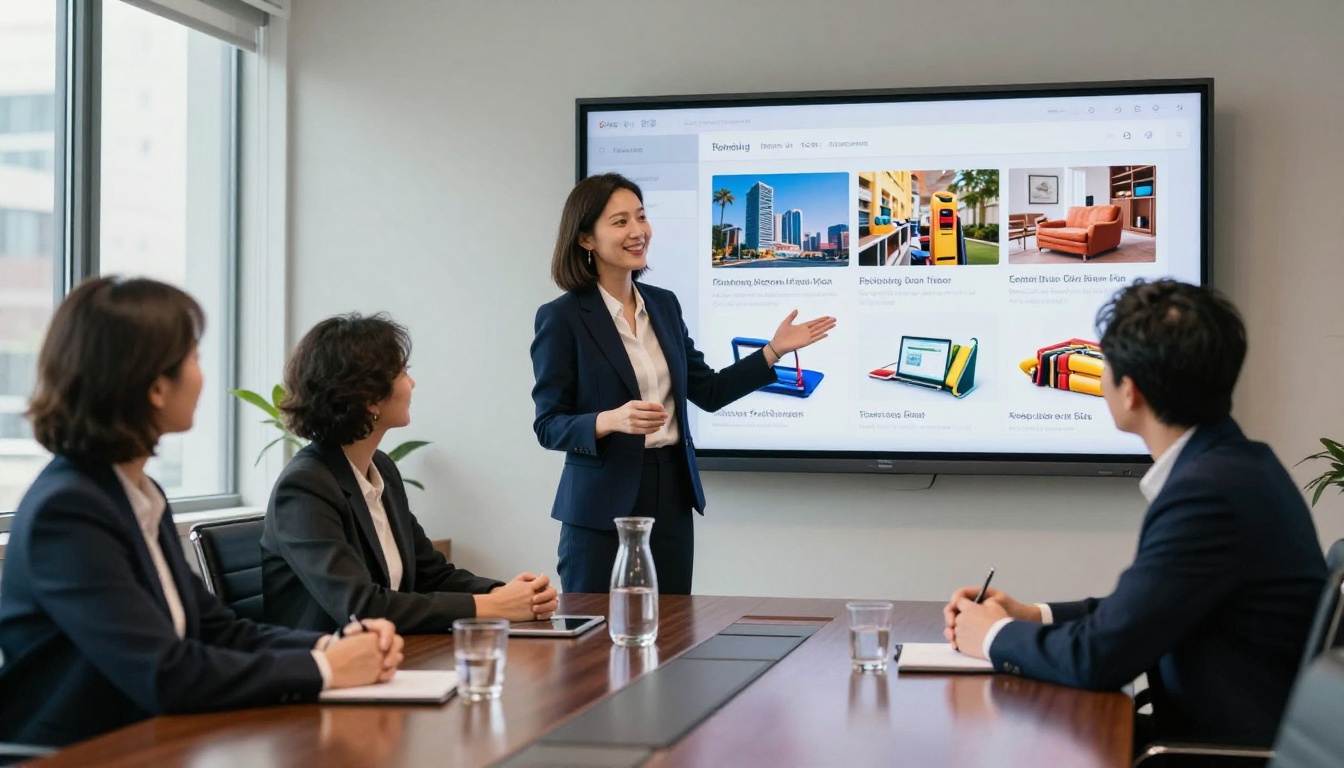 Businesswoman presenting a digital catalog flipbook in a boardroom
