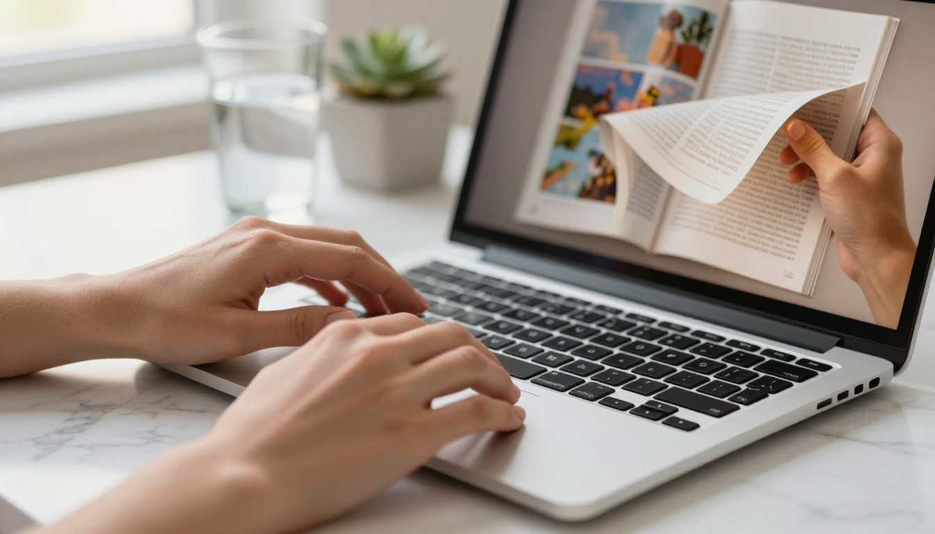 Designer working at desk with page-turn animation on laptop screen