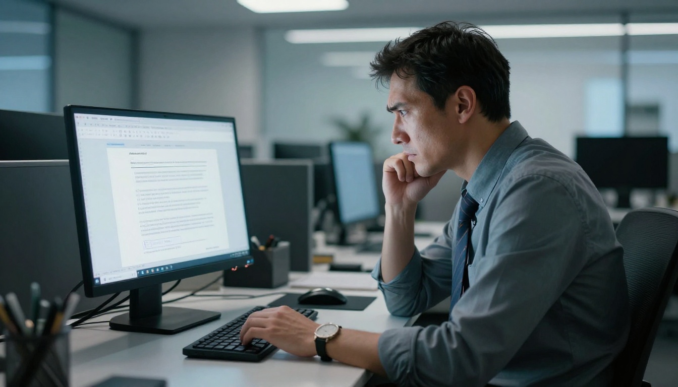 Frustrated professional staring at a PDF failing to load on a laptop screen Frustrated professional staring at a PDF failing to load on a laptop screen