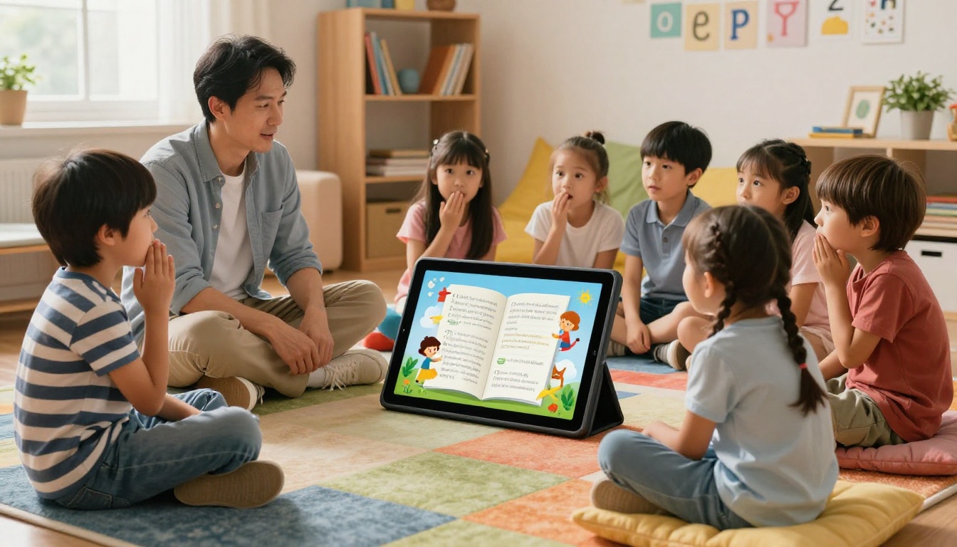 Elementary teacher on a reading rug with young students viewing a story flipbook Elementary teacher on a reading rug with young students viewing a story flipbook
