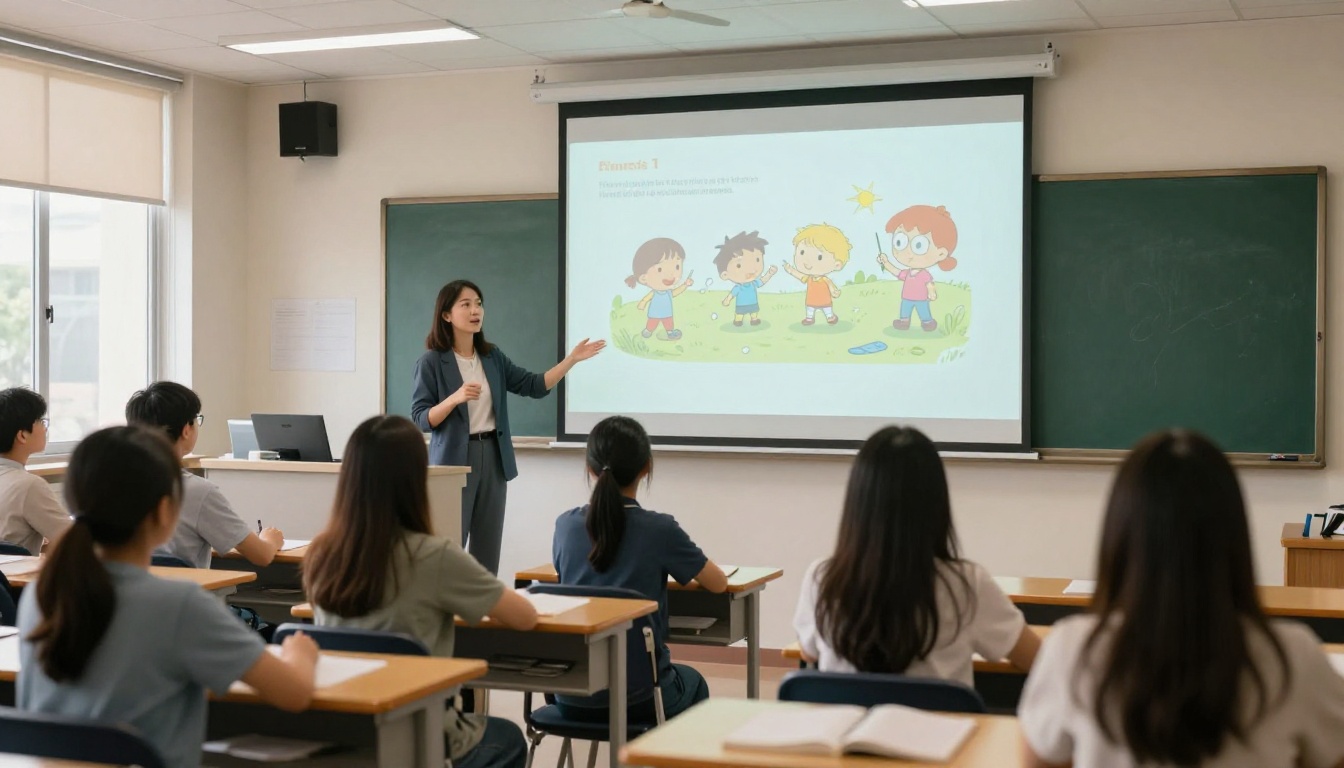 A teacher presenting a colorful digital flipbook on a classroom projector while students follow along