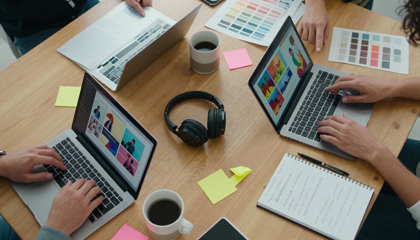 Aerial view of a creative marketing team's workspace with laptops showing digital catalogs and flipbooks