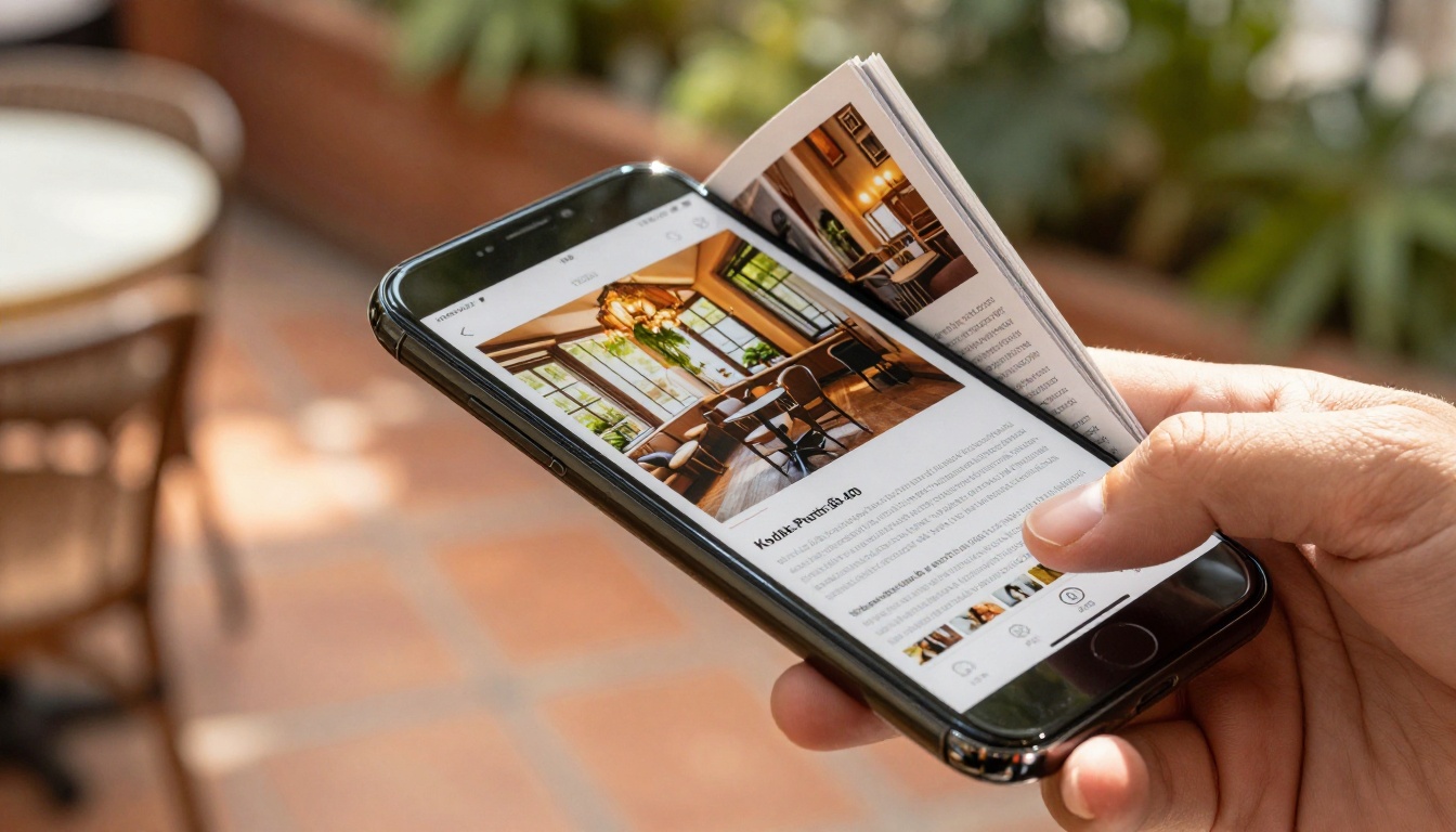 A smartphone displaying an interactive flipbook at an outdoor cafe