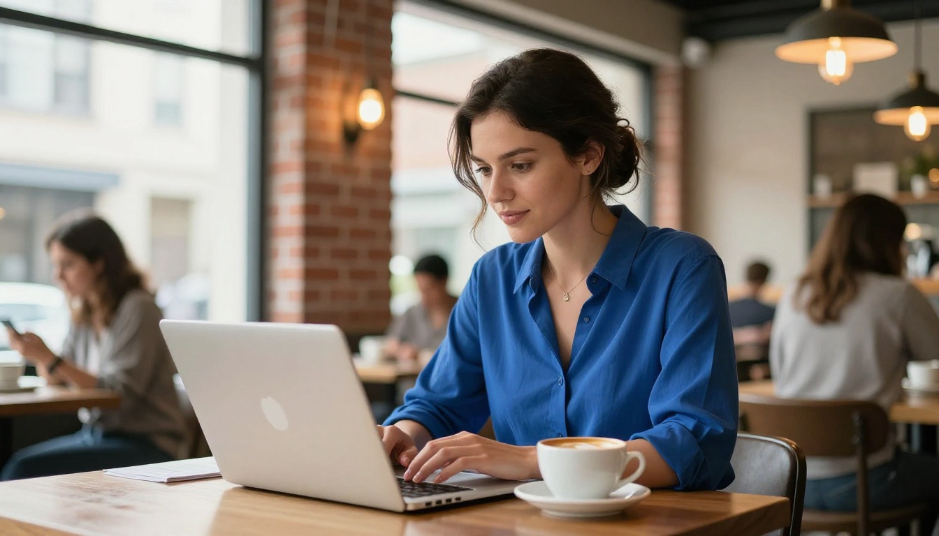 Young woman uploading a PDF document on her laptop in a bright coffee shop Young woman uploading a PDF document on her laptop in a bright coffee shop