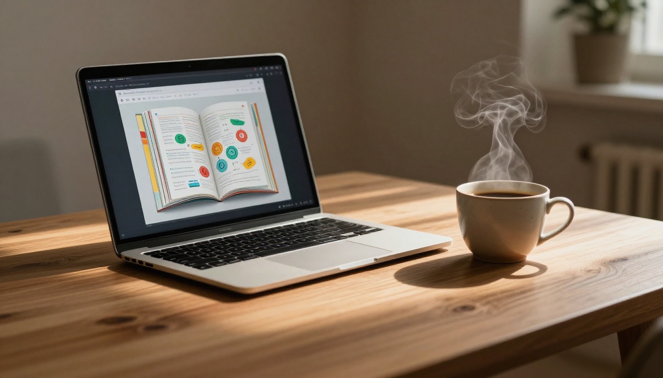 Low angle laptop on desk showing colorful flipbook with pages mid-flip and coffee in foreground