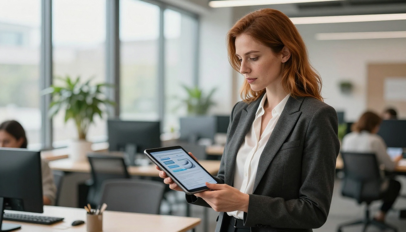 Businesswoman viewing interactive digital brochure on tablet in co-working space