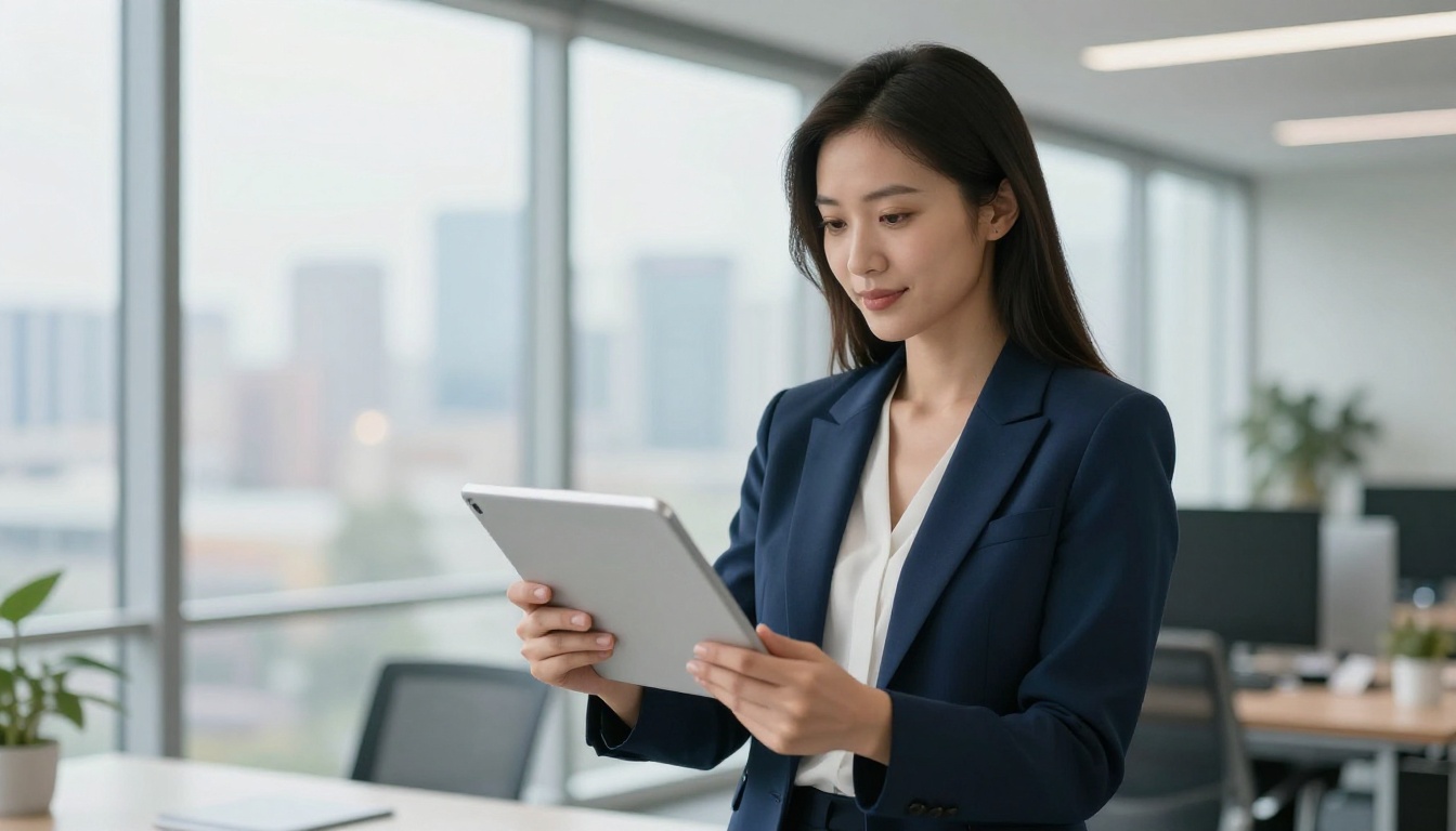 Businesswoman holding a tablet showing a digital flipbook in a modern office