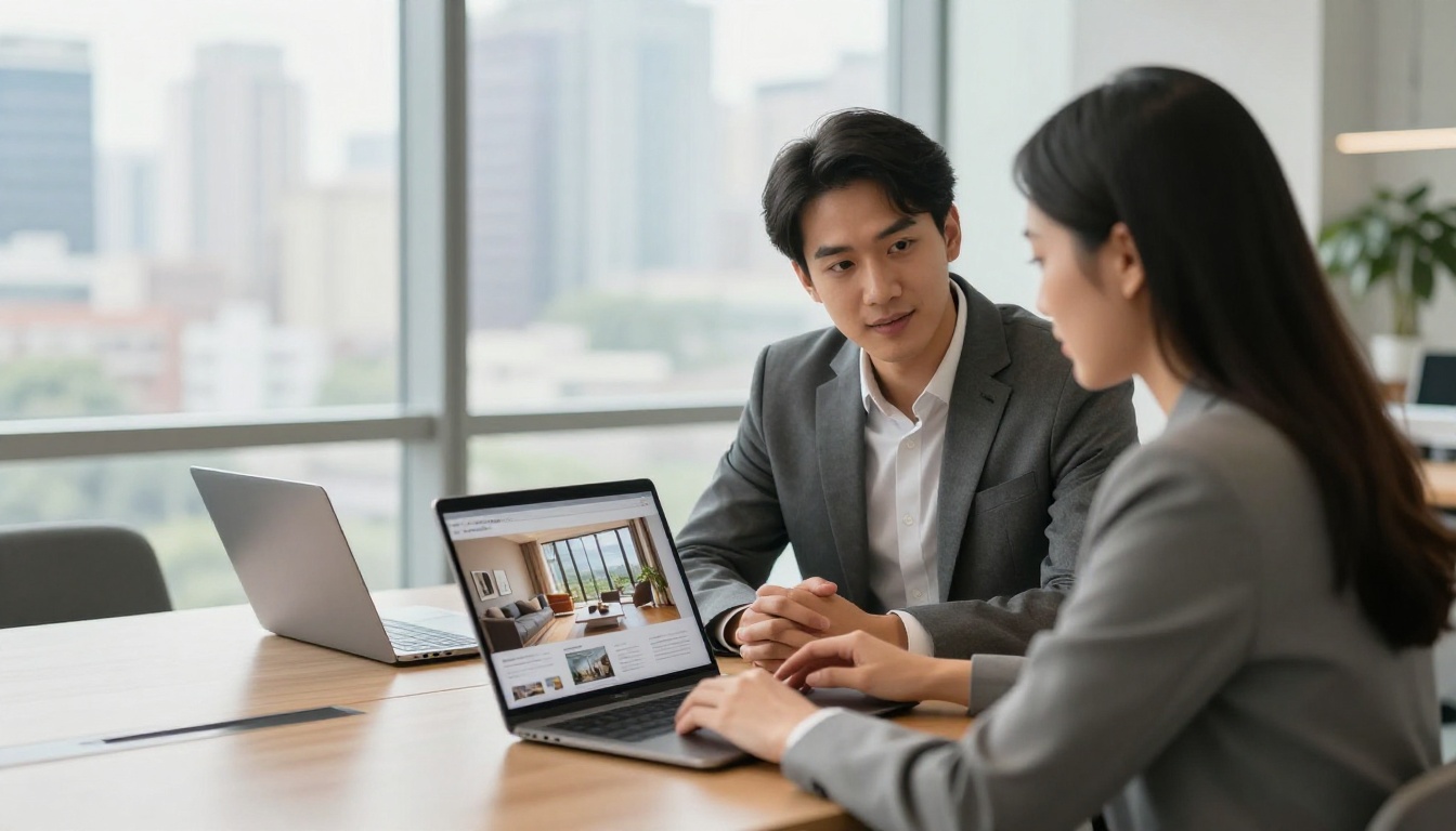A real estate agent in a blazer showing a digital property brochure flipbook on a laptop to a couple in a modern office