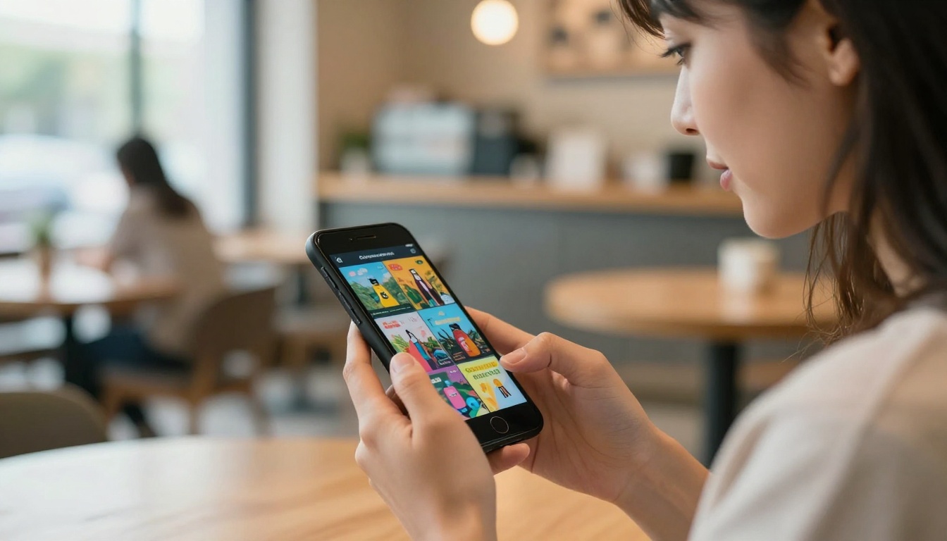 Woman browsing a digital flipbook catalog on her smartphone in a bright modern cafe