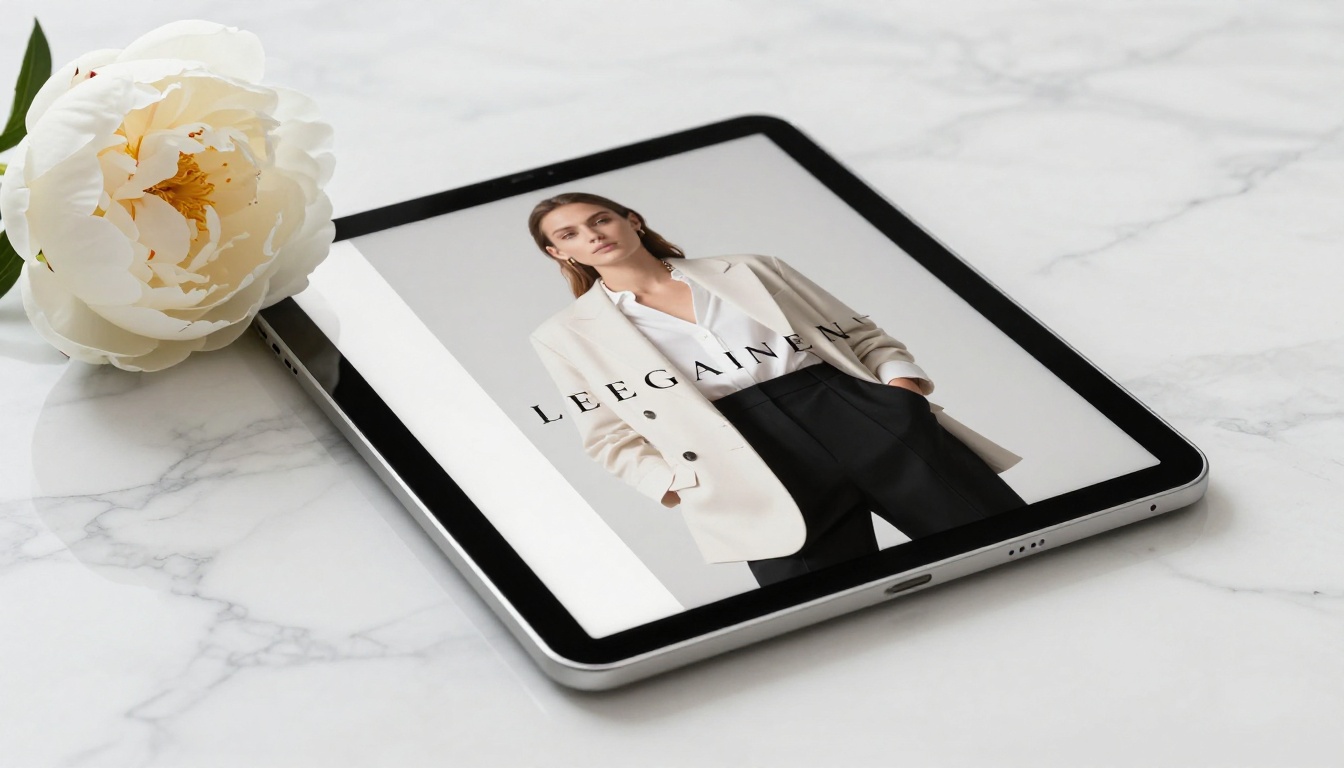 Elegant fashion magazine on a tablet resting on white marble with a white peony flower Elegant fashion magazine on a tablet resting on white marble with a white peony flower